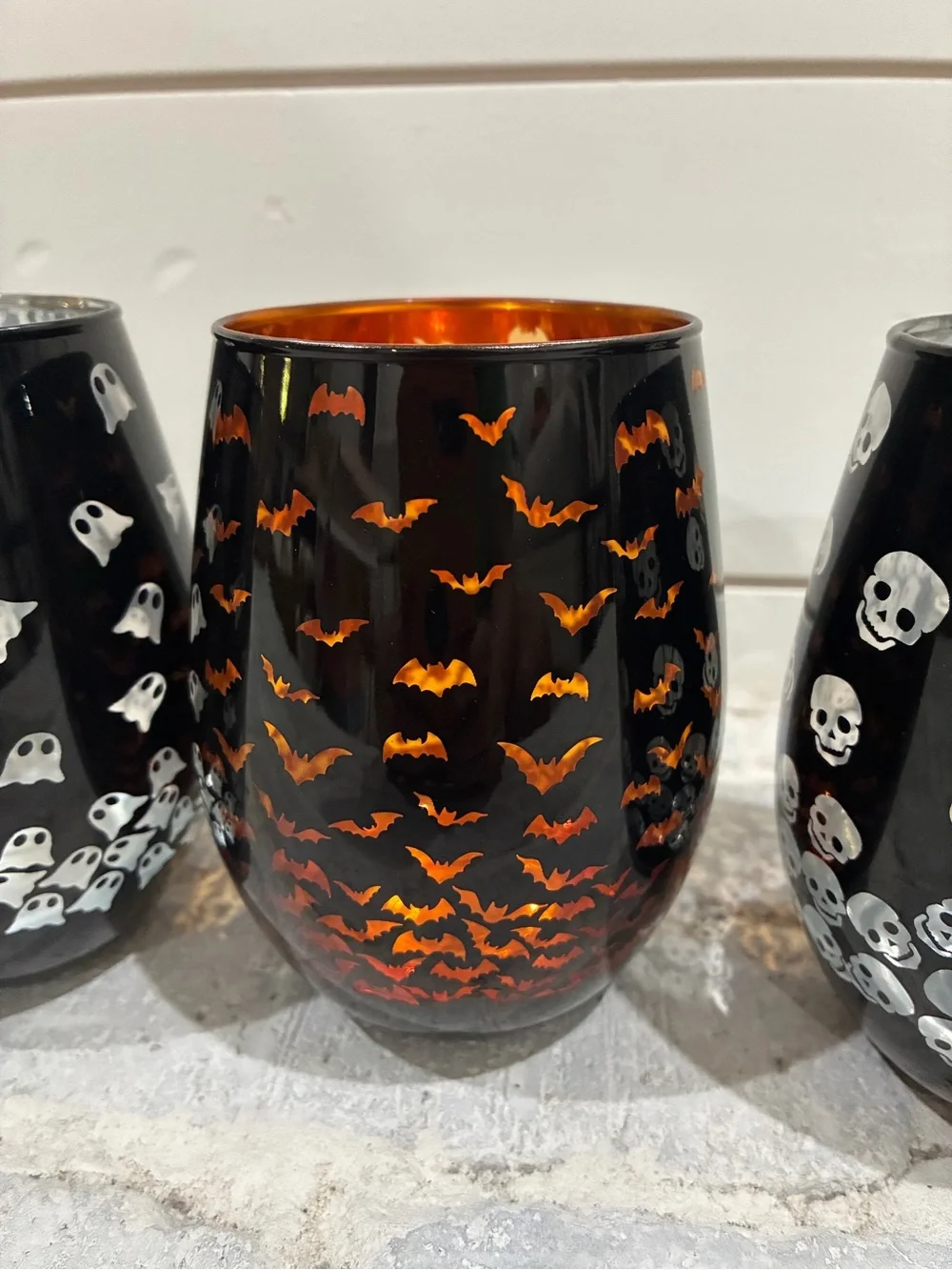 Halloween Glass Votive Set - Black with Orange and White Accents